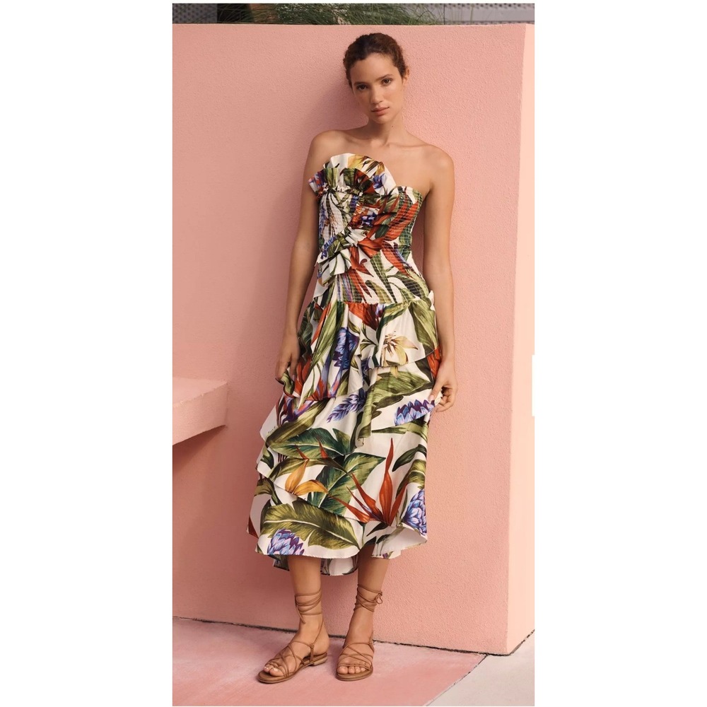Farm Rio Florart Strapless Midi Dress Small Tropical Brazilian Ruffle Tiered